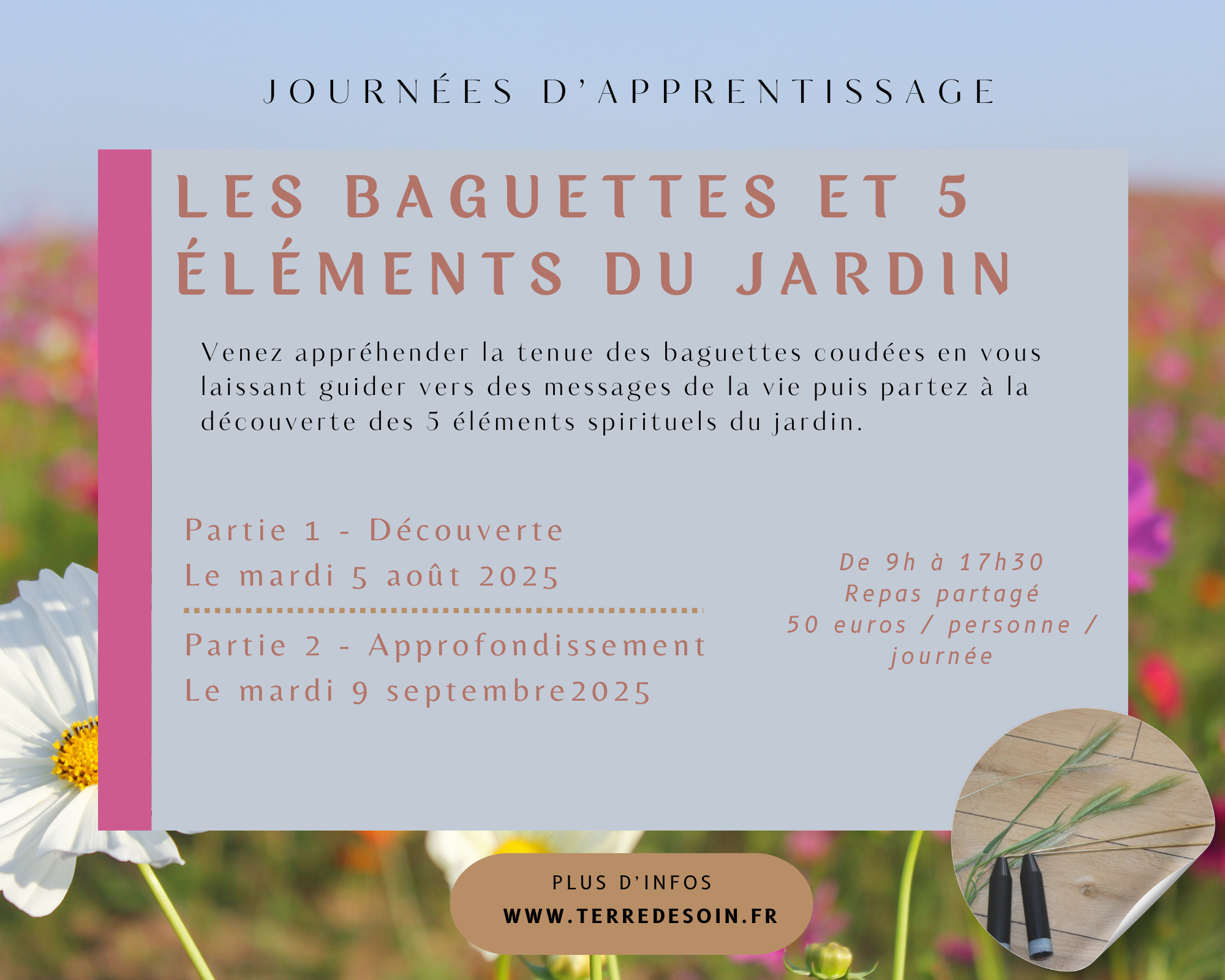 Journées d’apprentissage des baguettes et 5 éléments du Jardin les 5 août et 9 septembre